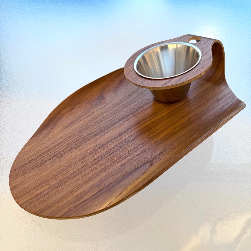 Teak Mid-Century Modern Serving Tray withStainless Steel Bowl • Charcuterie Tray - Picture 2 of 9